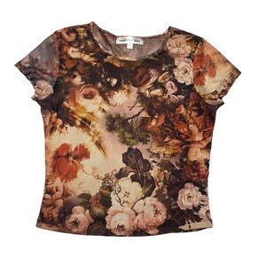 Madden Girl Floral Mesh Short Sleeve Top - Brown Mult